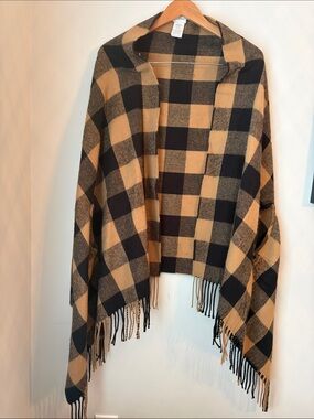 J. Crew Black and Camel Plaid, Buffalo Check, Fringe Cape Shawl Poncho
